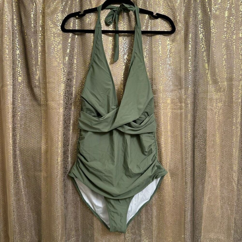 Women's Army Green Halter Deep V Neck One Piece Swimsuit XXL NWOT